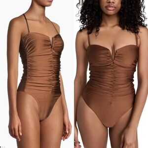 Veronica Beard Arpel Strapless One-Piece Swimsuit Brown